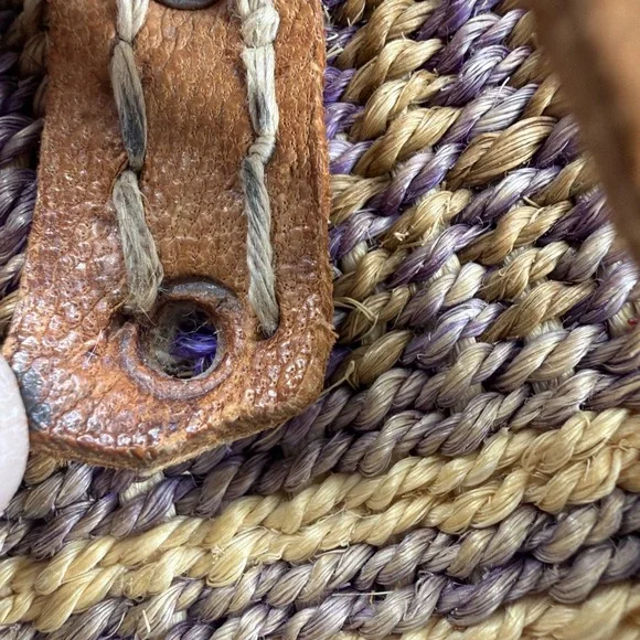 Vtg Woven Sisal Market Tote Bucket Leather Straps Beach Bag Ethnic Boho African - Picture 9 of 13